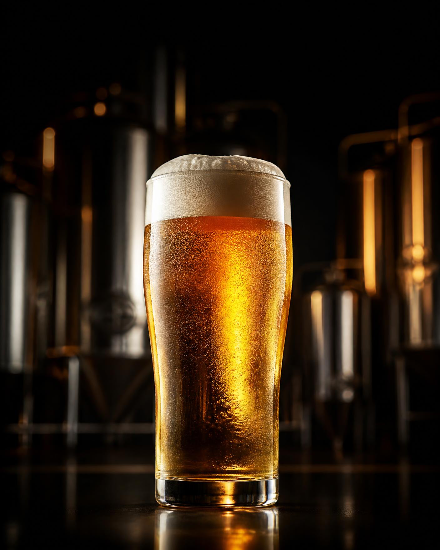 A backlit glass of amber beer in front of stainless brewing tanks